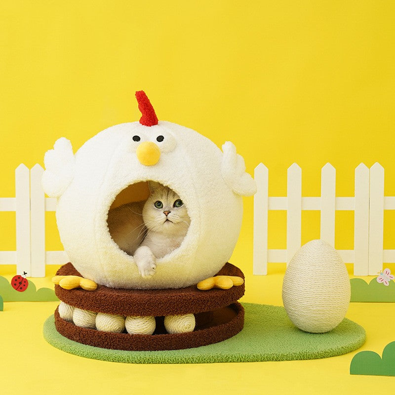 Cat inside a chicken-shaped pet bed on a yellow background