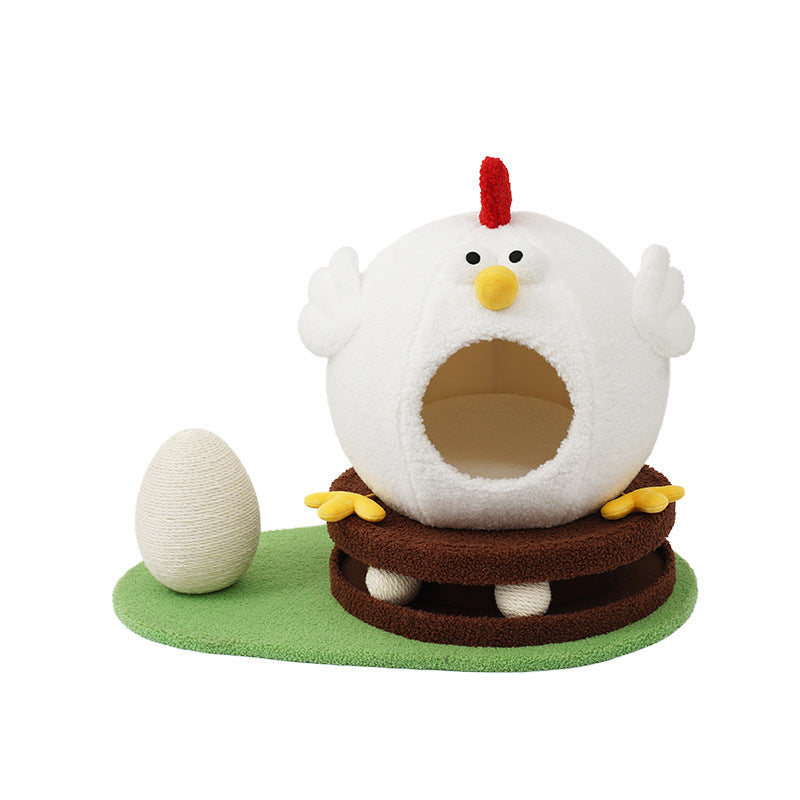 Plush toy shaped like a chicken with a red comb on a white background