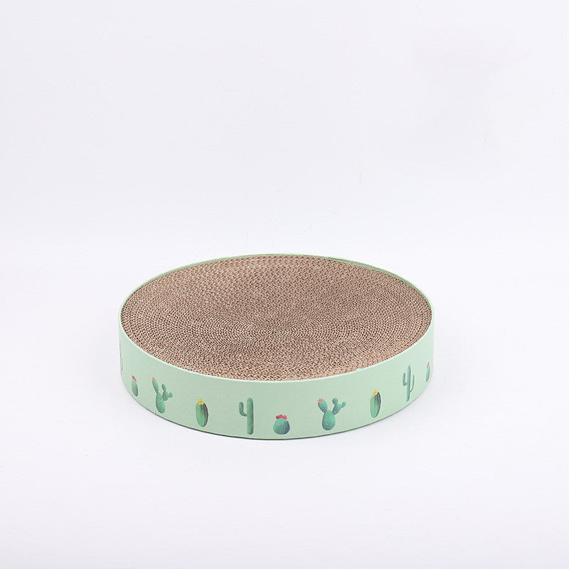 Round cat scratcher with cactus design on a light green base