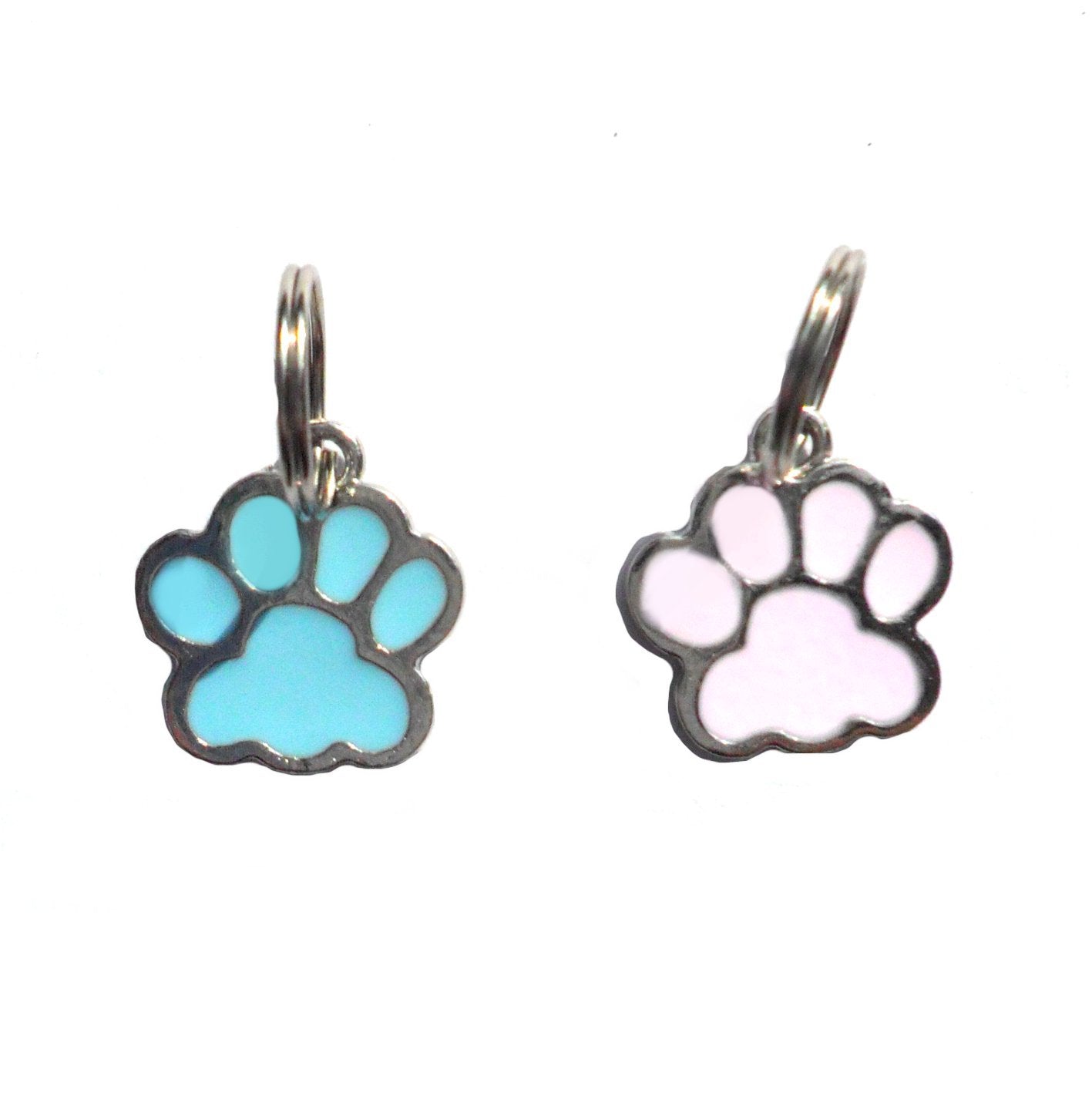 Two paw-shaped charms, one blue and one pink, on a white background.