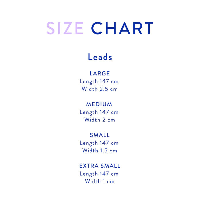 Size chart for leads with dimensions labeled, featuring the brand 'Neon Moon'.
