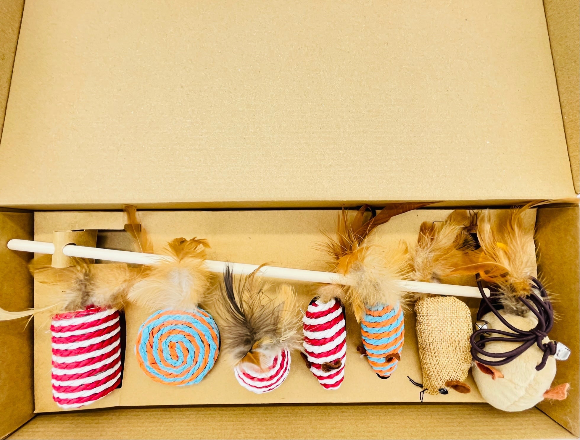 MR Toulouse Pet Shop Cat toys with feathers and striped balls inside a cardboard box