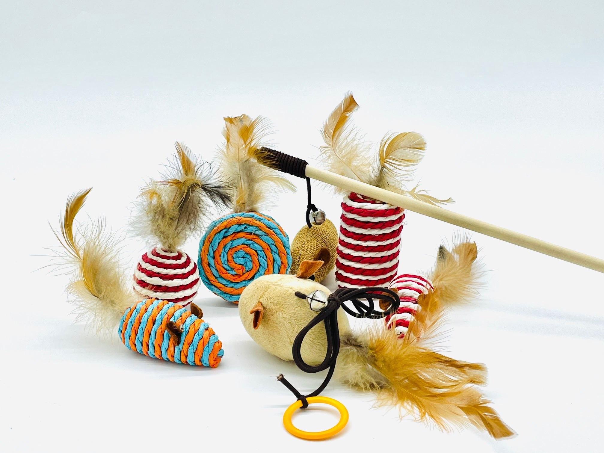 MR Toulouse Pet Shop Assorted cat toys with feathers and textures on a white background