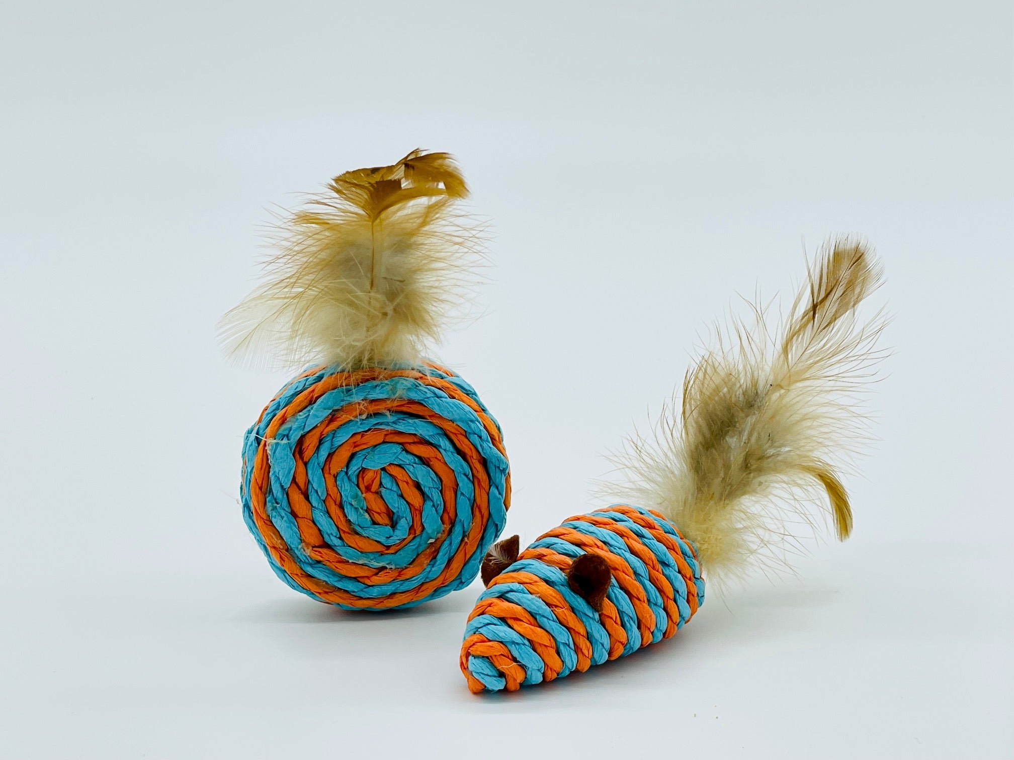 MR Toulouse Pet Shop Two cat toys with spiral design and feather tails on a white background