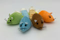 Five colorful plush mice toys on a white background