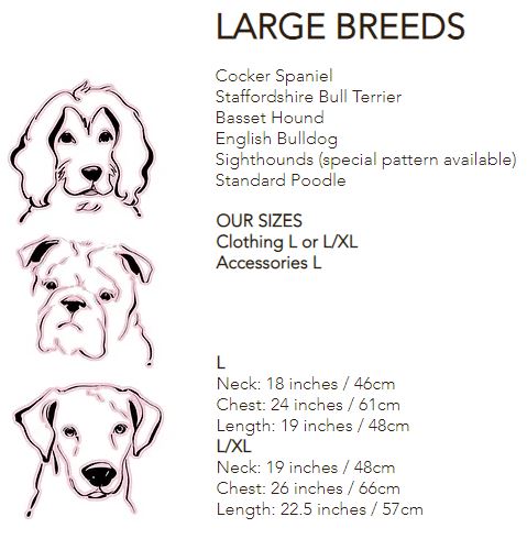 Chart detailing large dog breeds and their measurements for clothing and accessories.